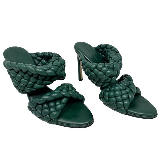 Bottega Veneta Braided Leather Mule Heels Green Intrecciato Sandals Size 38